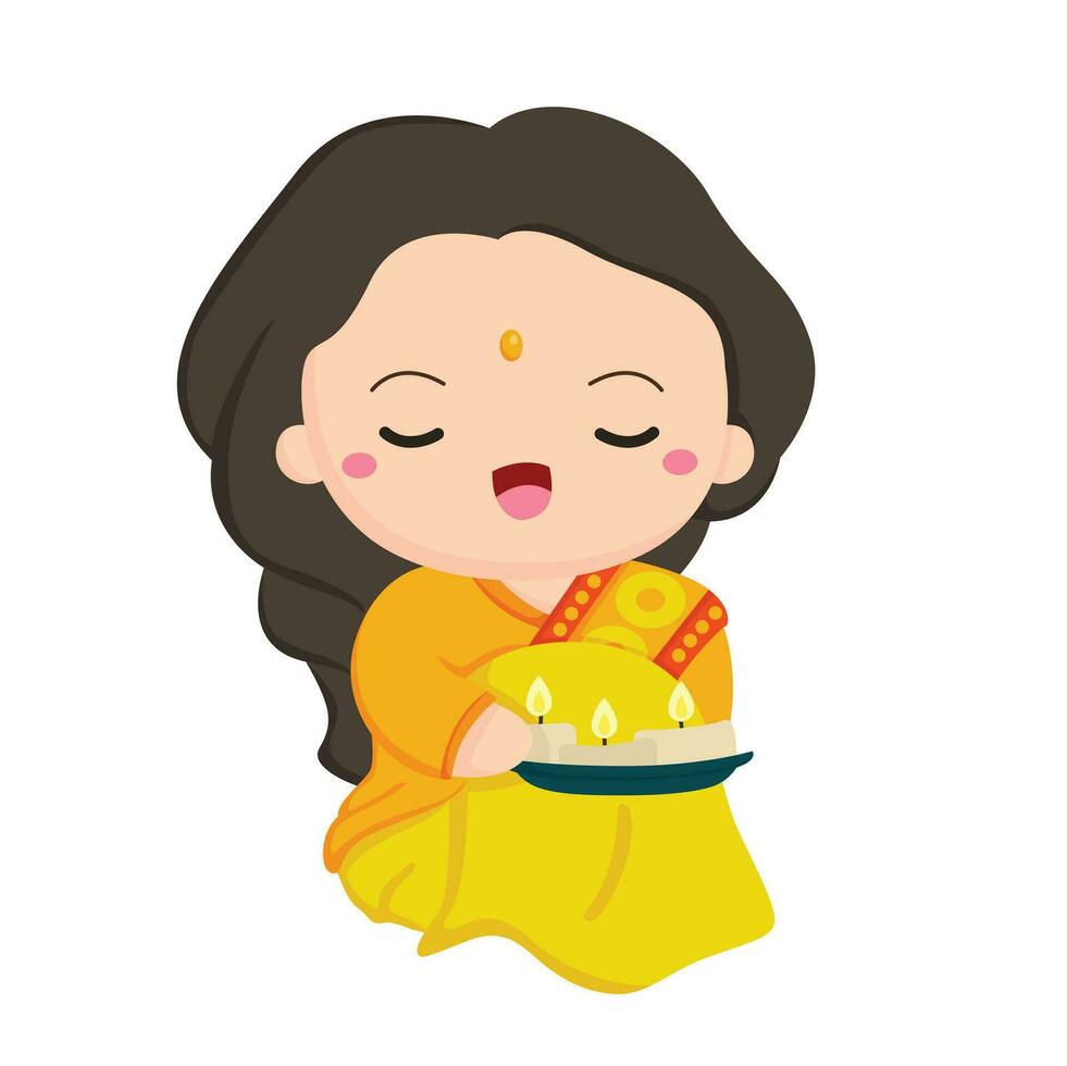 Cute Diwali Deepavali Kids Traditional Fashion Party Celebrate Cartoon Illustration Vector Clipart Sticker