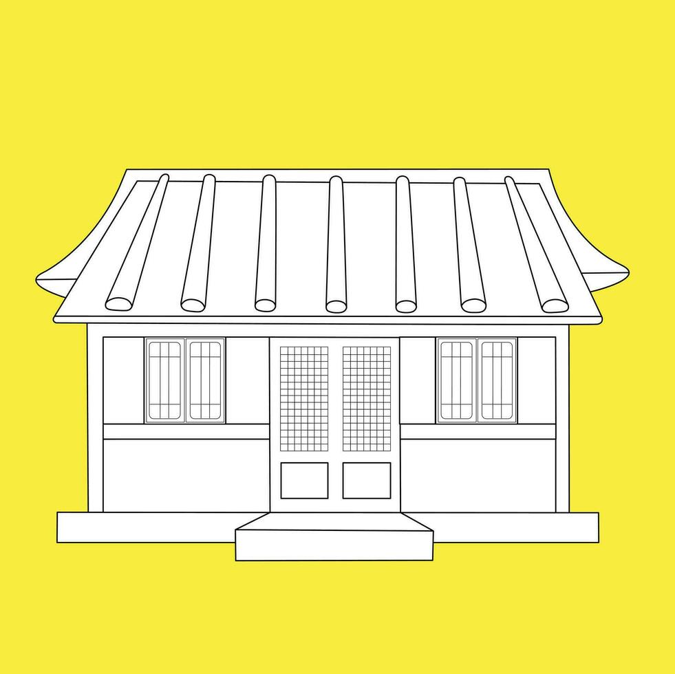 Traditional House Building Hanok Cartoon Korean Digital Stamp Outline vector