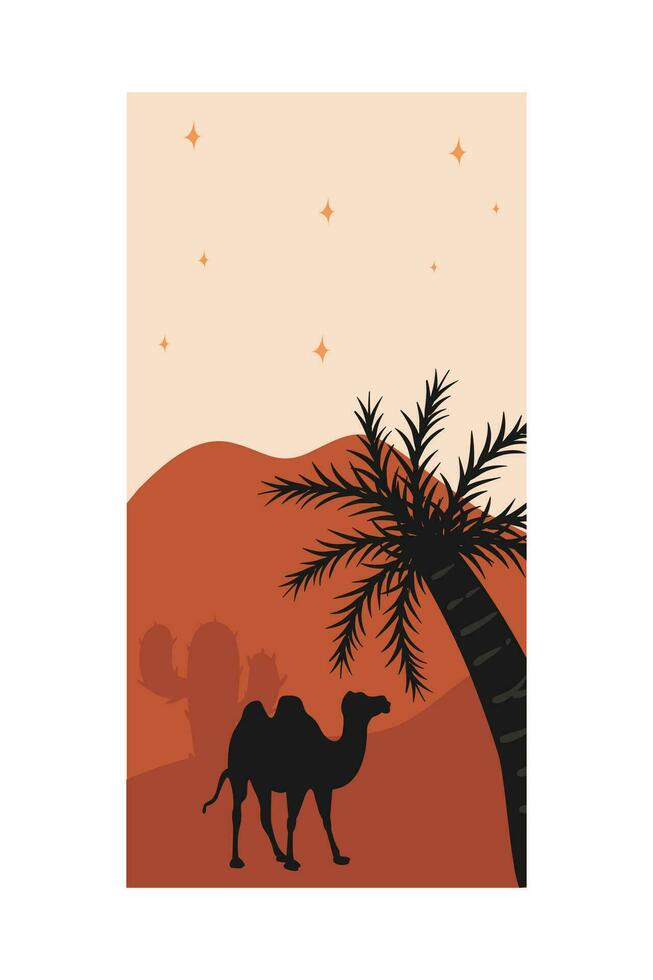 Vector illustration of sunset desert landscape. Wild Western Texas desert sunset with mountains and cactus in flat cartoon style.