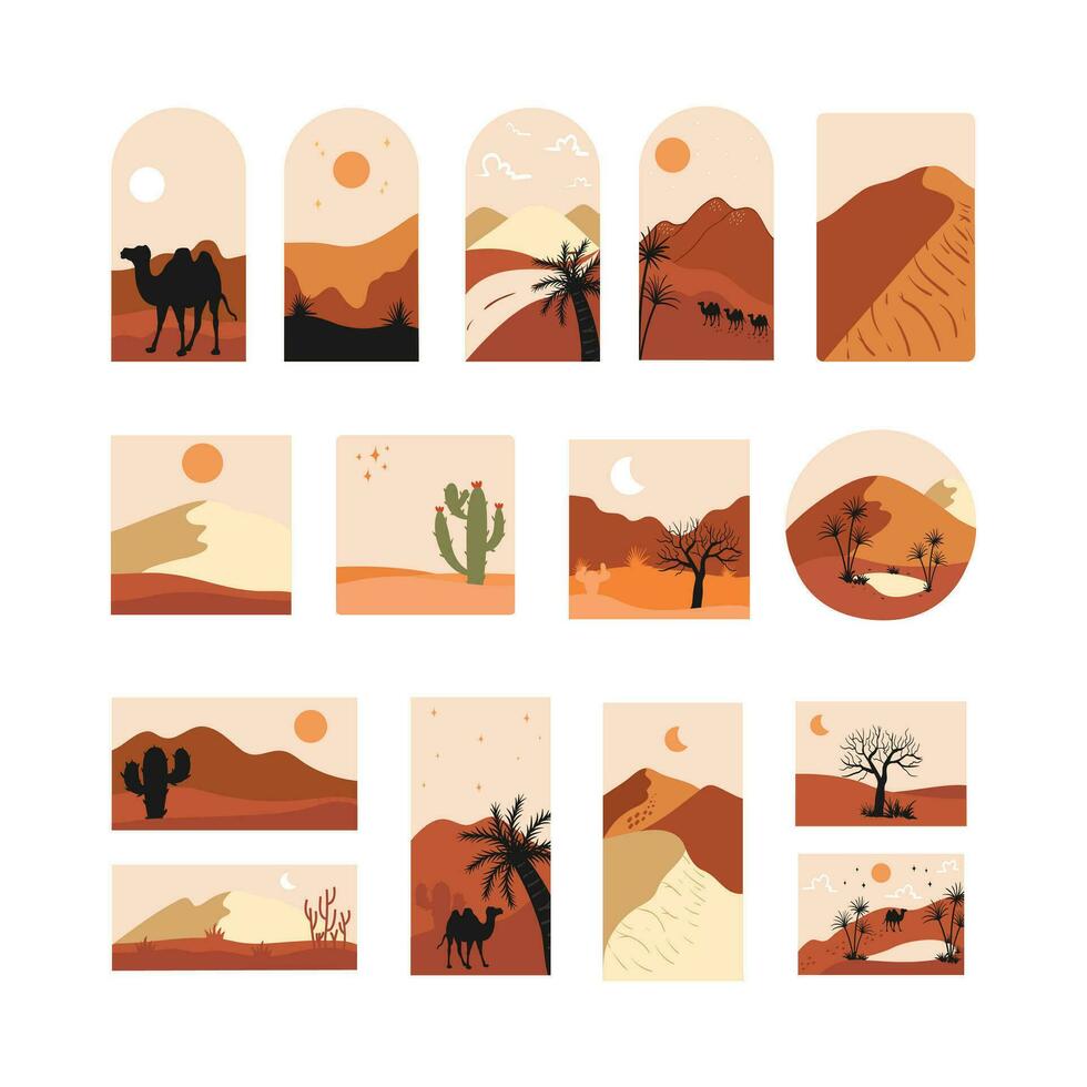 Vector illustration of sunset desert landscape. Wild Western Texas desert sunset with mountains and cactus in flat cartoon style.