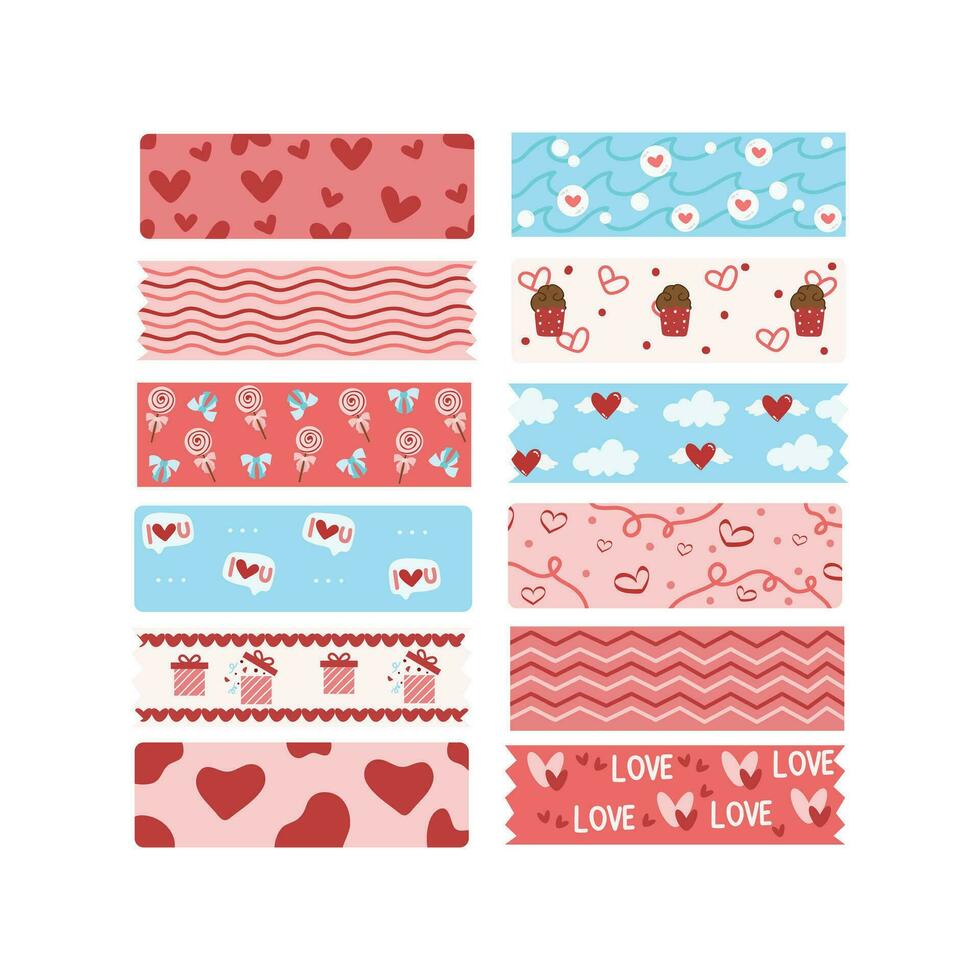 linda san valentin día washi cinta tiras pegatinas estacionario scrapbooking colocar. san valentin día decoración y washi cintas vector ilustración.