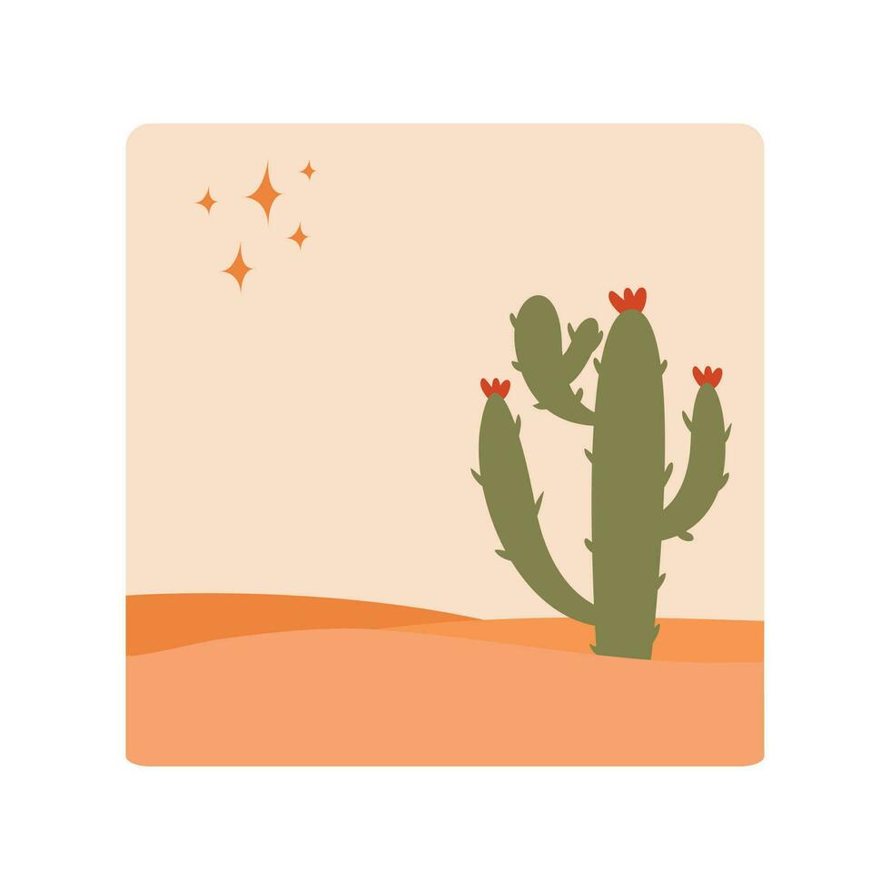 Vector illustration of sunset desert landscape. Wild Western Texas desert sunset with mountains and cactus in flat cartoon style.