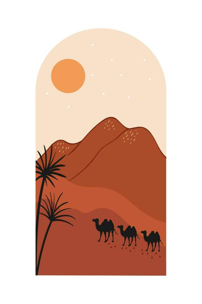 Vector illustration of sunset desert landscape. Wild Western Texas desert sunset with mountains and cactus in flat cartoon style.