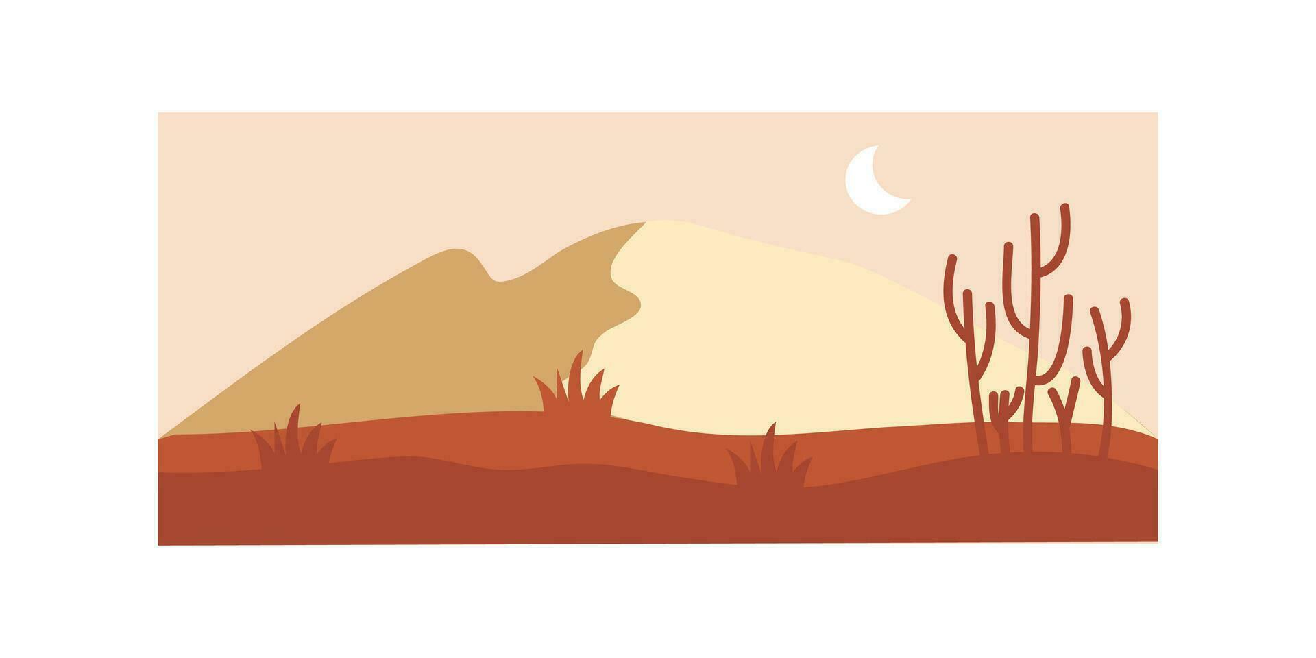 Vector illustration of sunset desert landscape. Wild Western Texas desert sunset with mountains and cactus in flat cartoon style.