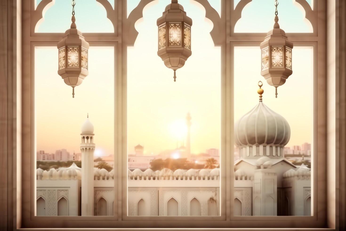 Eid mubarak and ramadan kareem greetings with islamic lantern and mosque. Eid al fitr background. Eid al fitr background of window concept by photo