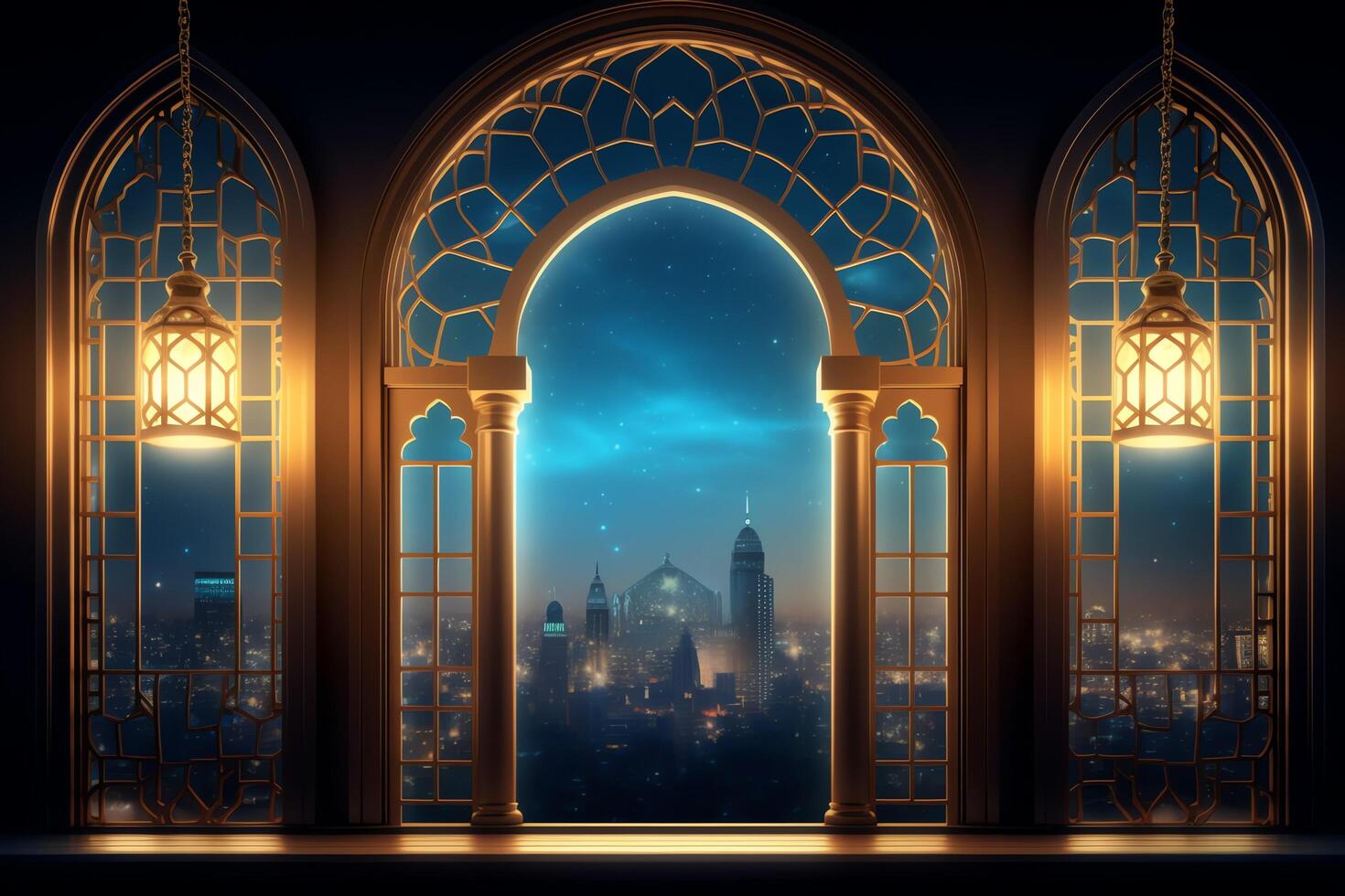 Eid mubarak and ramadan kareem greetings with islamic lantern and mosque. Eid al fitr background. Eid al fitr background of window concept by photo