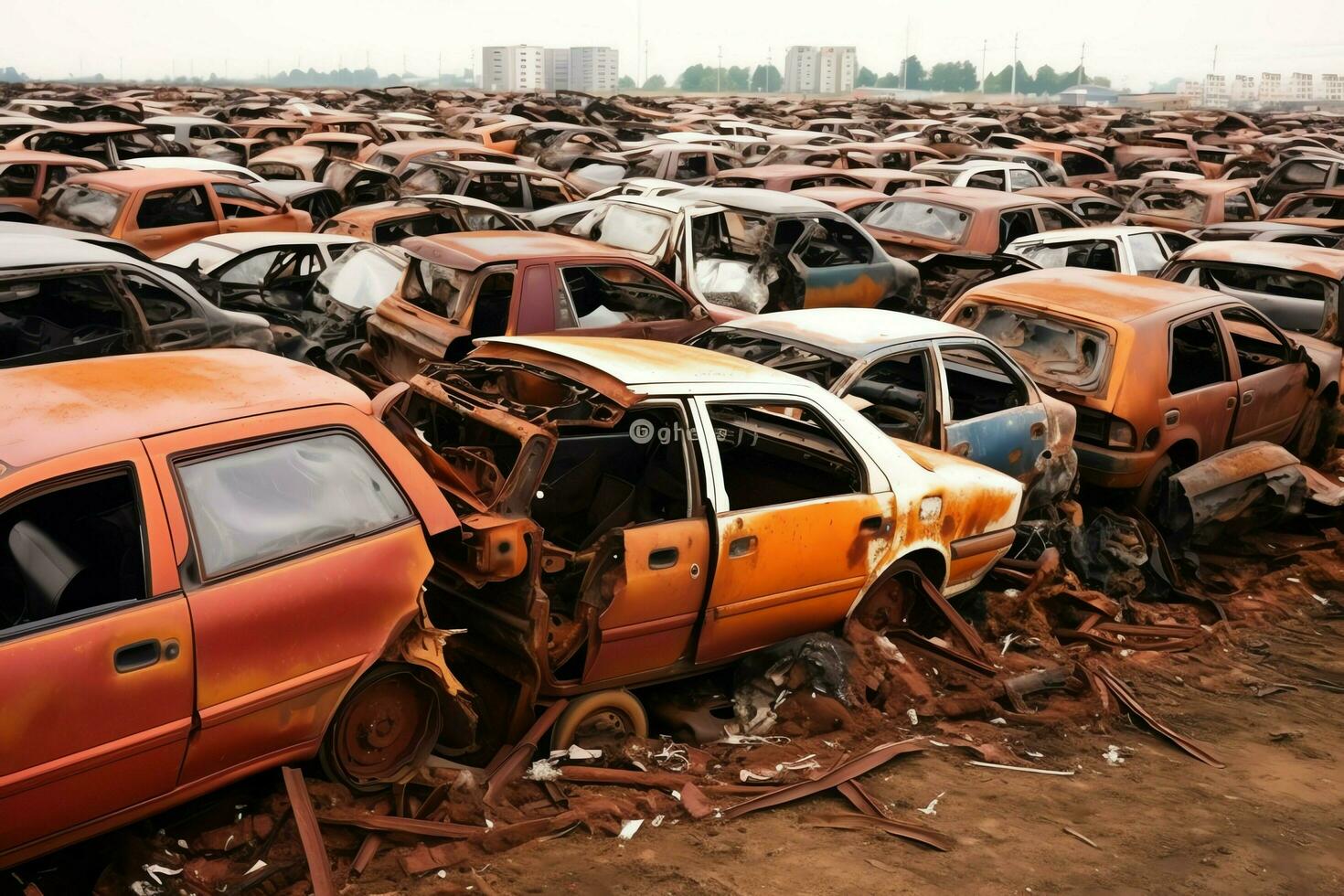 oxidando antiguo basura carros con ambiente contaminación en depósito de chatarra para reciclaje. abandonado coche residuos concepto por ai generado foto