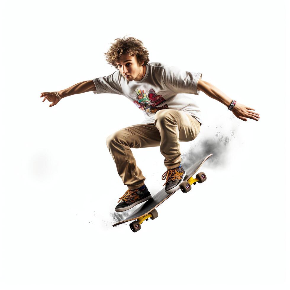 A caucasian man doing tricks or jumping on a skateboard at the street. Young man with skater jumping concept by photo