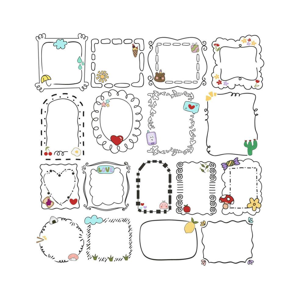 Hand drawn set of simple frame and border with different shapes heart, square, oval. Cute isolated vector illustration for your banner design. Doodle sketch style. Hand drawn line frame.