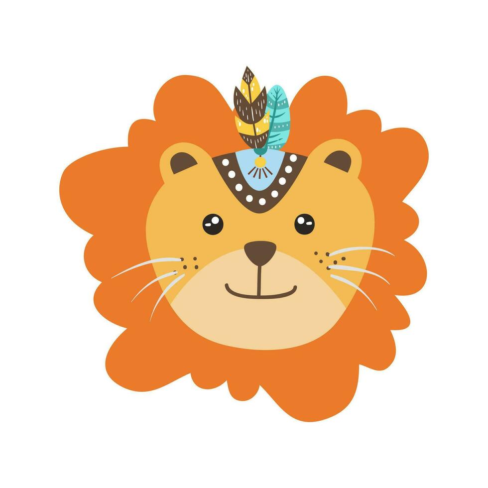 Baby Animal Face Illustration WIth Bohemian Style. Flat vector boho animal heads. Boho forest animal faces.