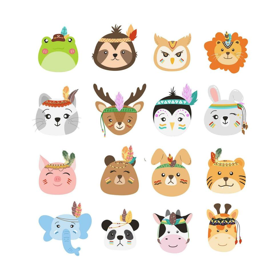 Baby Animal Face Illustration WIth Bohemian Style. Flat vector boho animal heads. Boho forest animal faces.