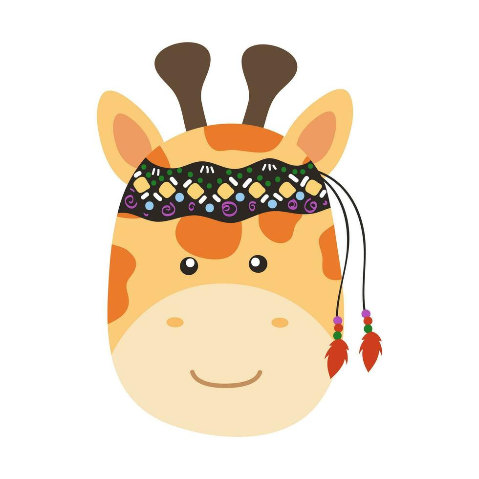 Baby Animal Face Illustration WIth Bohemian Style. Flat vector boho animal heads. Boho forest animal faces.