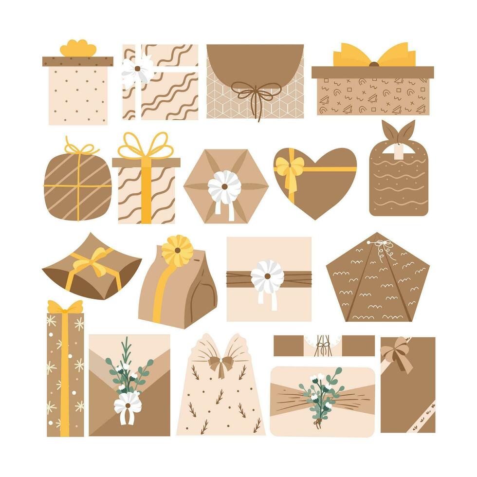 Navidad regalos en Kraft papel colocar. bricolaje rústico presente cajas en arte envoltorios con enroscarse arcos y sucursales, Navidad coronas, y sobres marrón regalo caja ilustración. vector