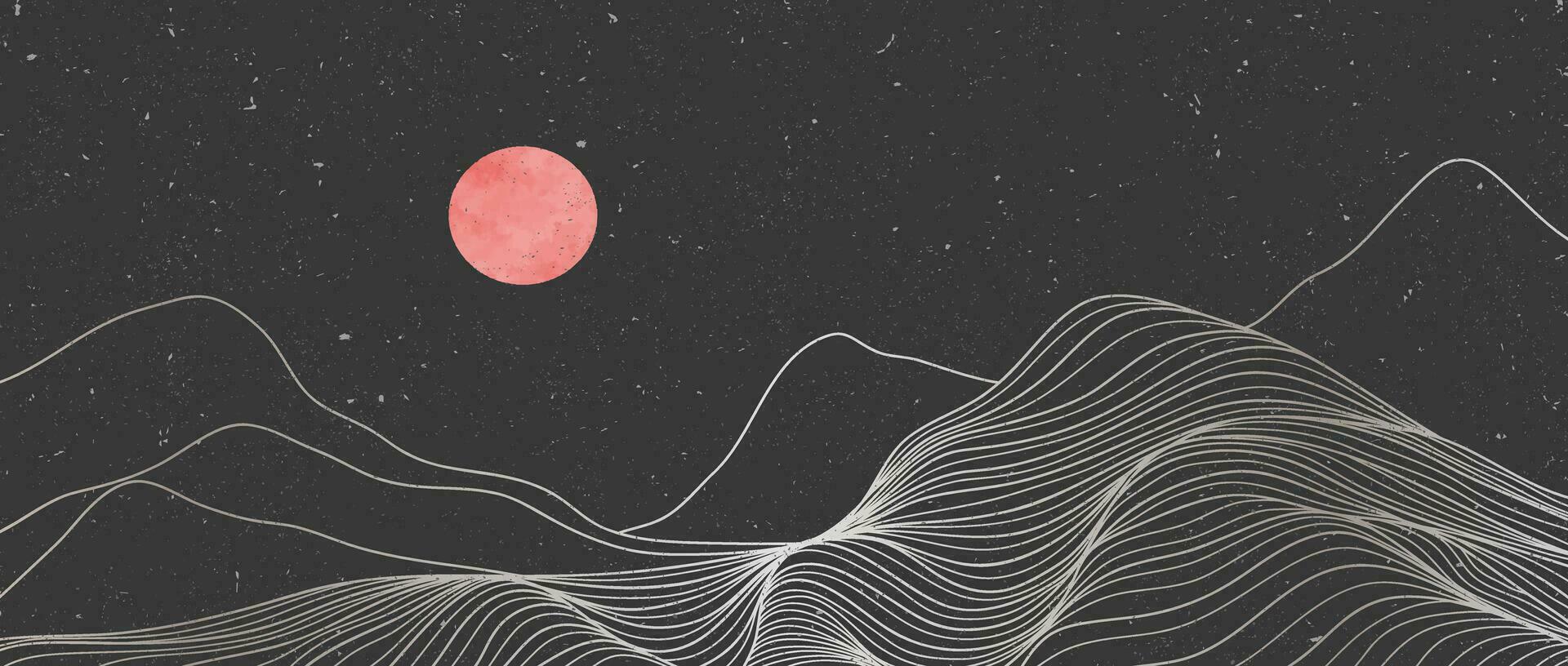 Illustrations of Mountain line art landscape. Creative minimalist modern line art pattern. Abstract contemporary aesthetic backgrounds landscapes. with Mountain, hill and red moonlight vector