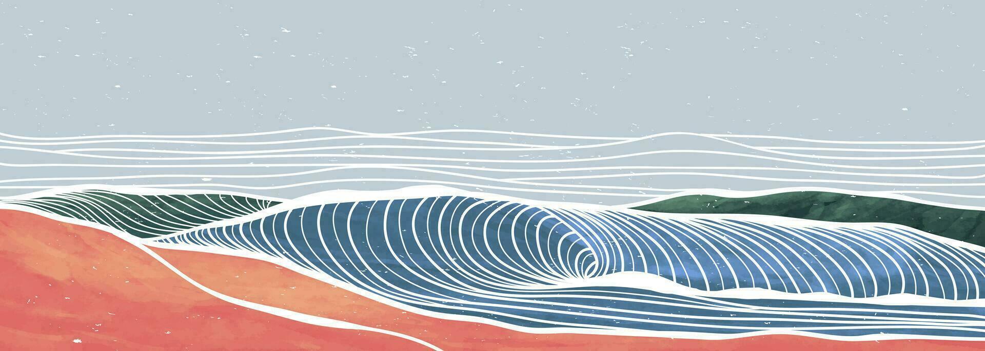 Ocean wave and mountains illustration. Creative minimalist modern art painting and line art pattern. Abstract contemporary aesthetic backgrounds landscapes. with sea, skyline, ocean wave vector