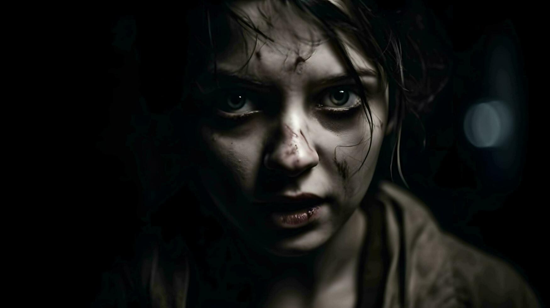 Woman horror scene, scary, scared, bloody, Generative AI photo