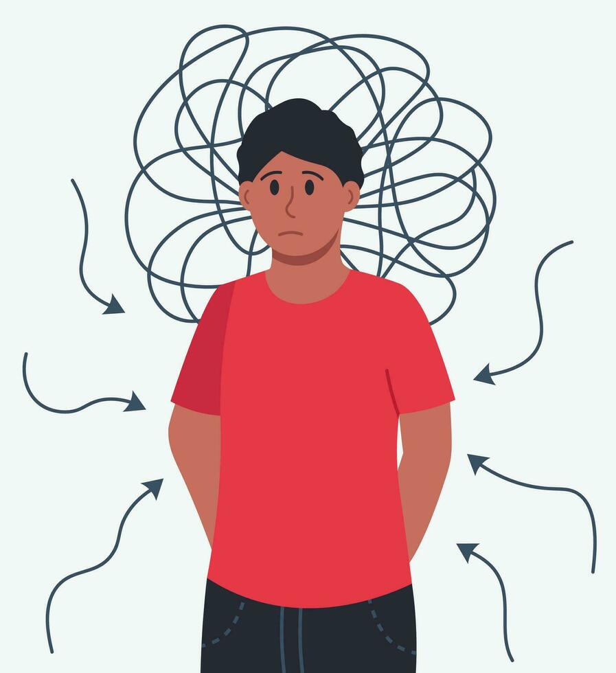 Concept For Mental Health Care With Sad Boy Portrait. Vector Illustration In Flat Style