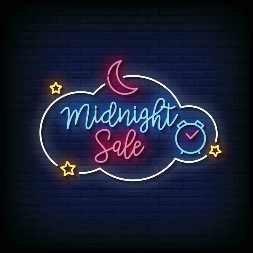 Neon Sign midnight sale with brick wall background vector