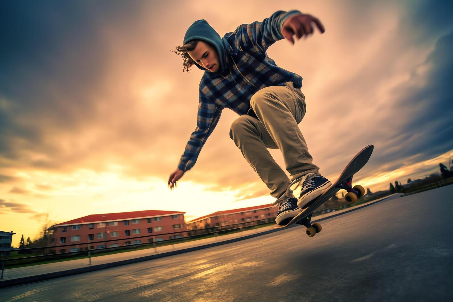 A caucasian man doing tricks or jumping on a skateboard at the street. Young man with skater jumping concept by photo
