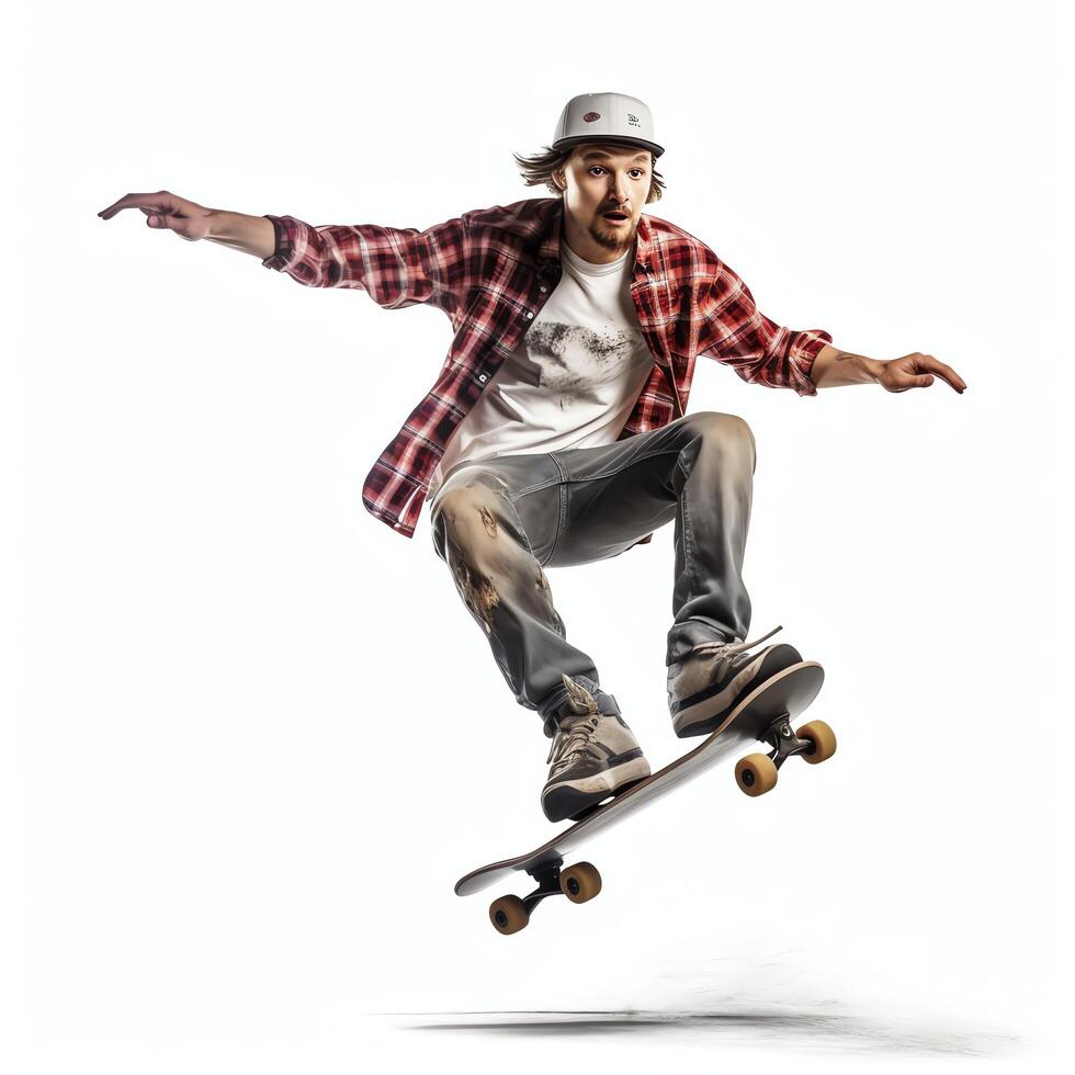 A caucasian man doing tricks or jumping on a skateboard at the street. Young man with skater jumping concept by photo