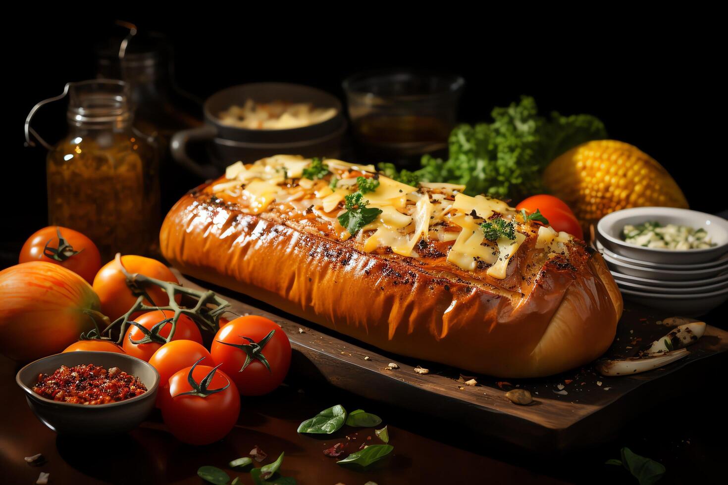 Thanksgiving day meal with pie, pumpkin, oranges, or roasted chicken in oven form. Thanksgiving food concept by photo