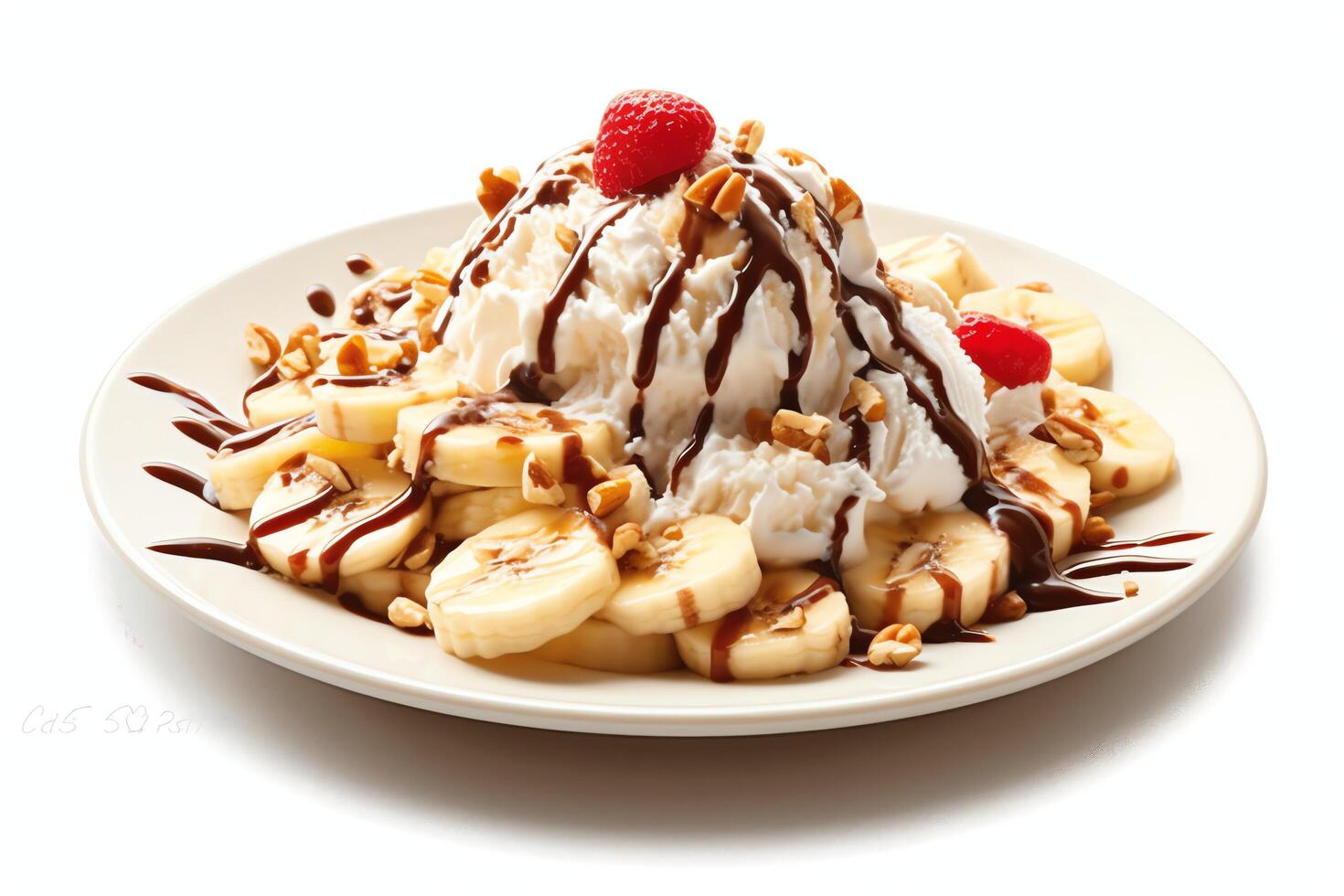 A delicious Banana split ice cream dessert with chocolate syrup. Banana split ice cream dessert by photo