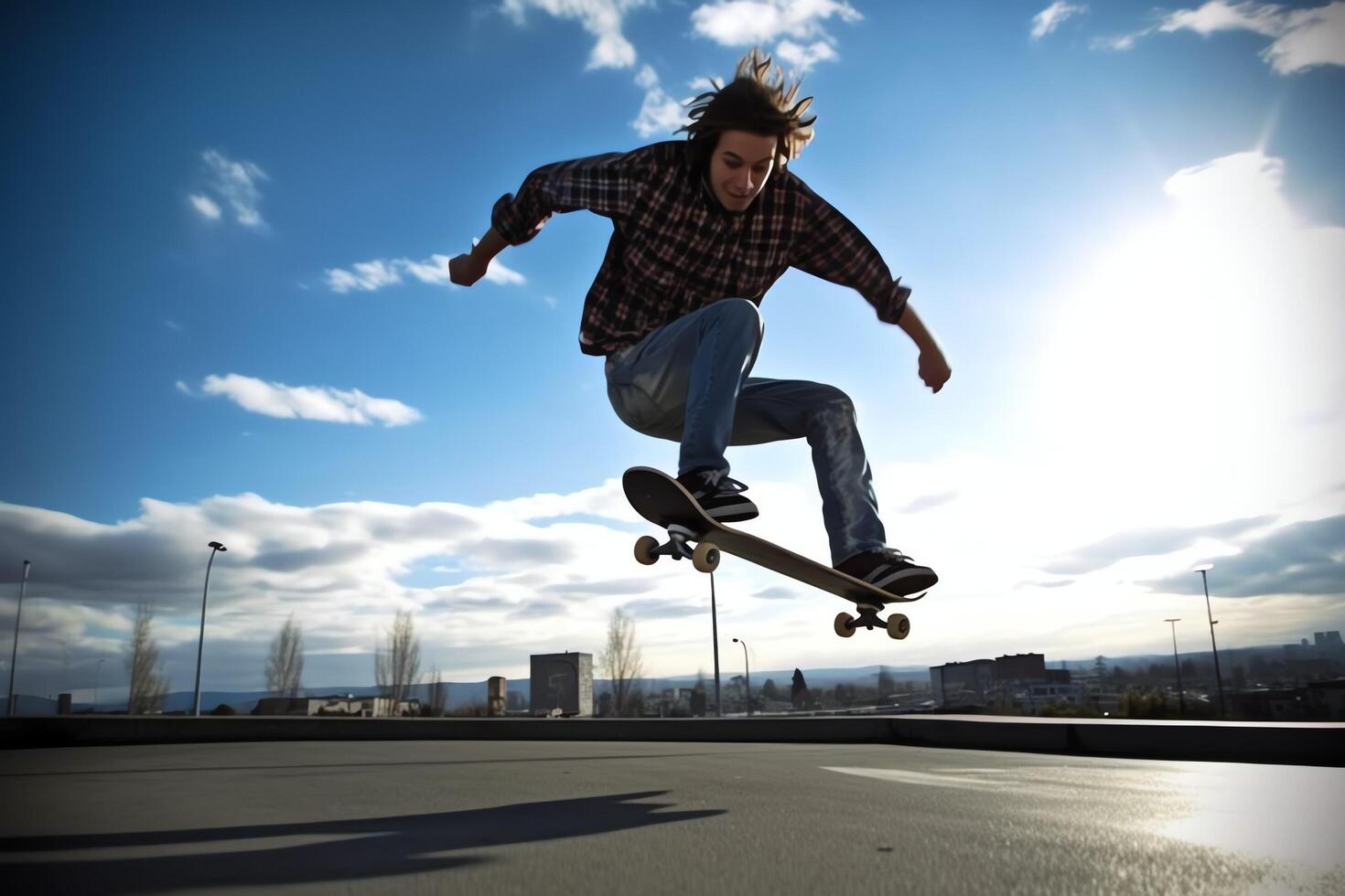 A caucasian man doing tricks or jumping on a skateboard at the street. Young man with skater jumping concept by photo