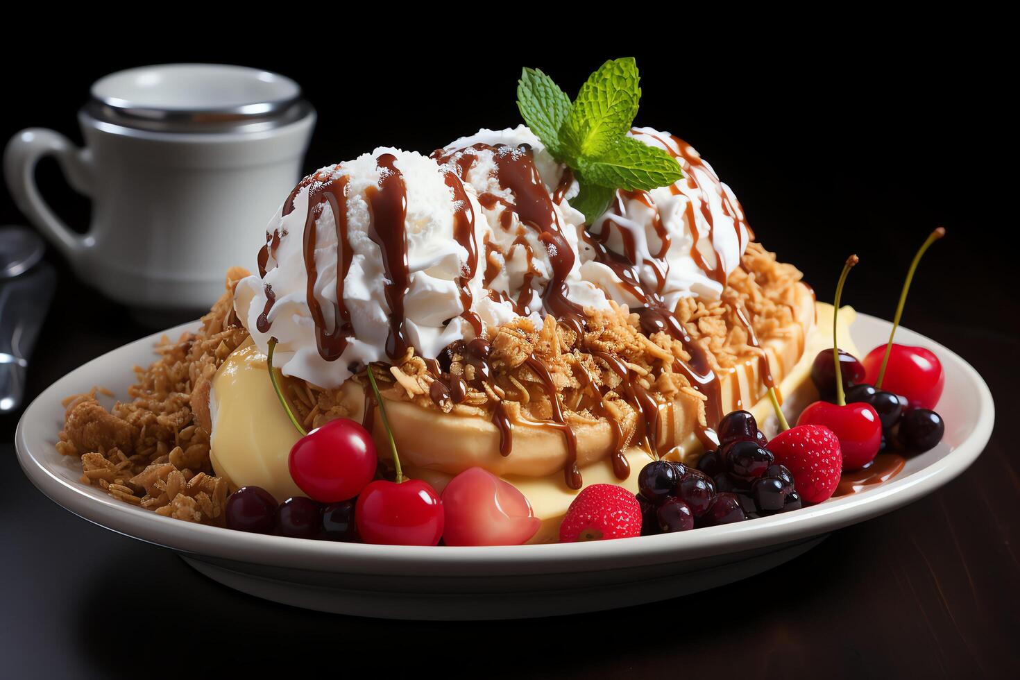 A delicious Banana split ice cream dessert with chocolate syrup. Banana split ice cream dessert by photo