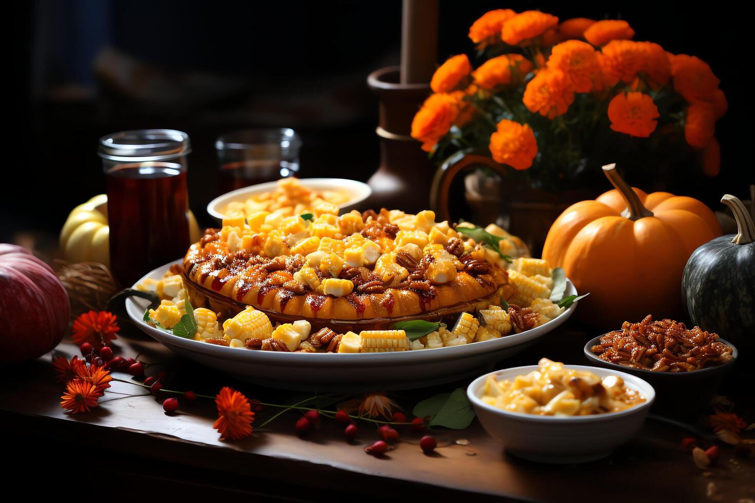 Thanksgiving day meal with pie, pumpkin, oranges, or roasted chicken in oven form. Thanksgiving food concept by AI Generated photo