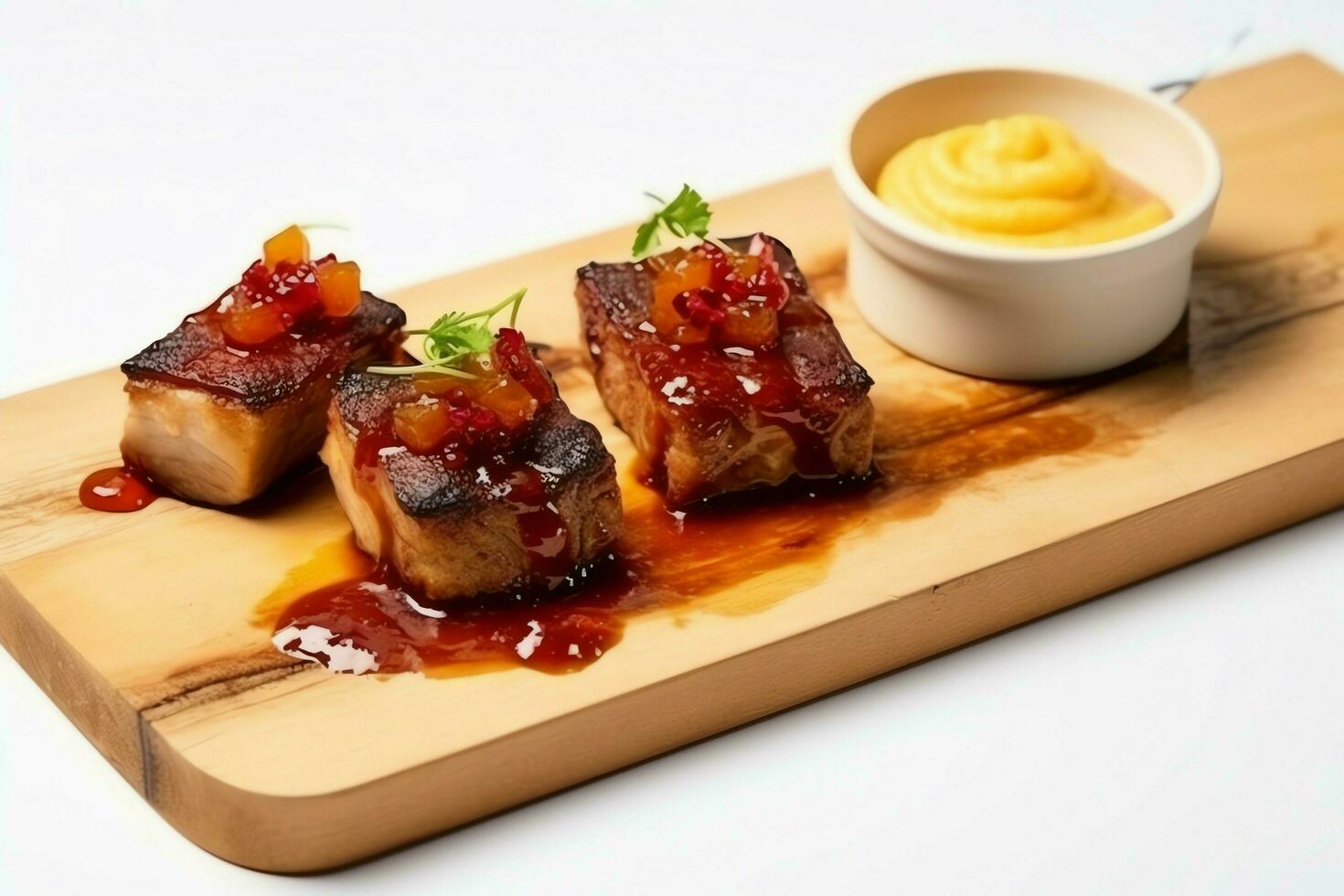 Pork belly braaivleis with mango and chili sauce served on a wooden plank. Restaurant food concept by AI Generated photo