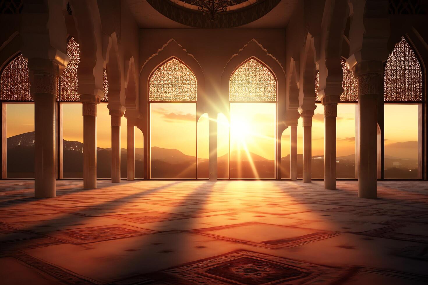 Eid mubarak and ramadan kareem greetings with islamic lantern and mosque. Eid al fitr background. Eid al fitr background of window concept by photo