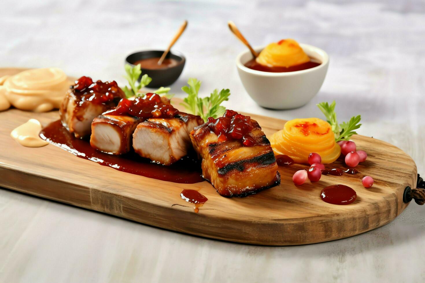Pork belly braaivleis with mango and chili sauce served on a wooden plank. Restaurant food concept by AI Generated photo