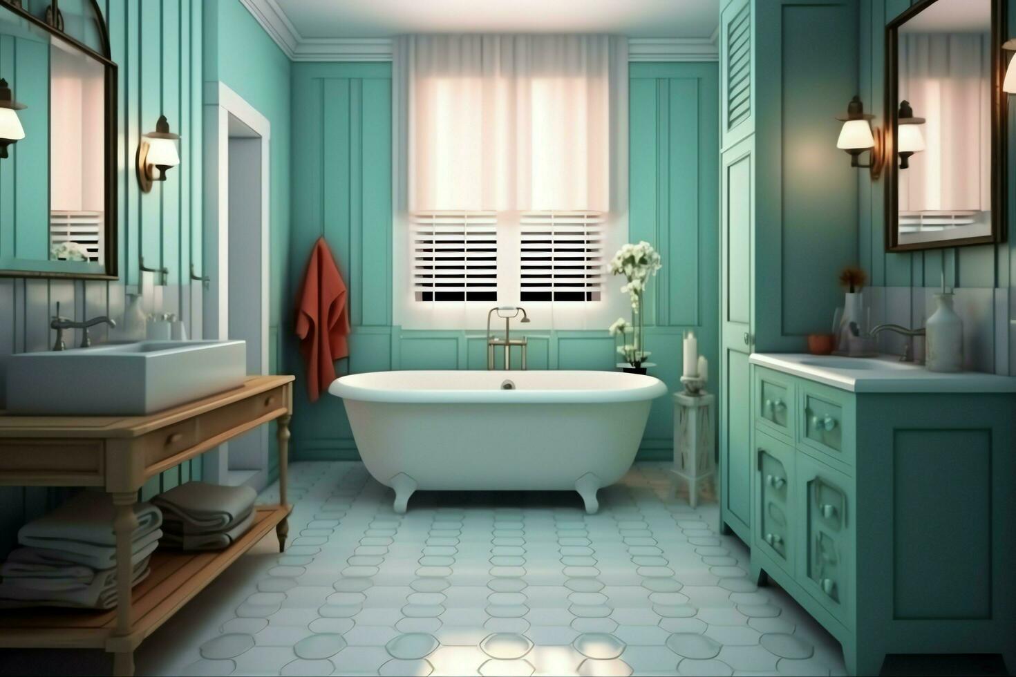 interior diseño de un bonito moderno baño. 3d representación moderno baño o baño en hotel o casa concepto por ai generado foto