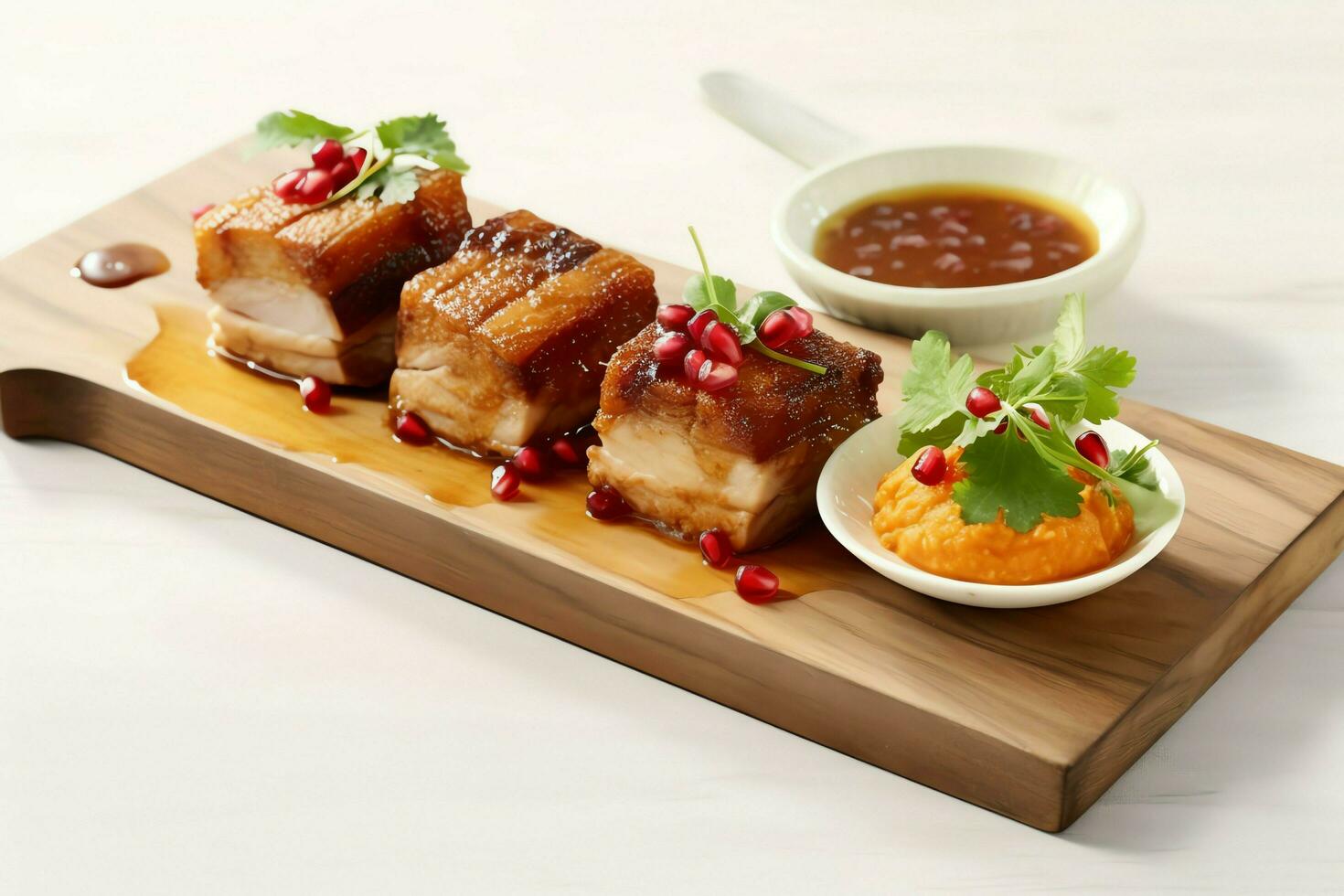 Pork belly braaivleis with mango and chili sauce served on a wooden plank. Restaurant food concept by AI Generated photo