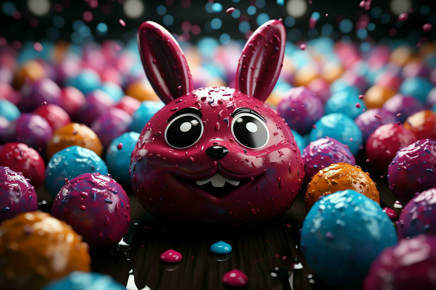 Happy bunny with many easter eggs on easter day concept. Easter day background with bunny, sweets or colorful decorative eggs. Painted eggs on straw nest and flower. Easter celebration by AI Generated photo