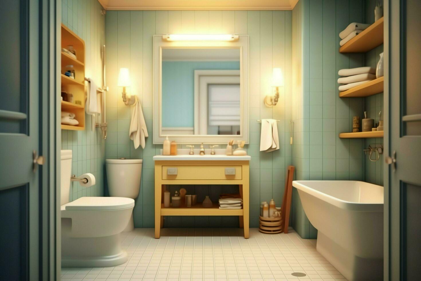 interior diseño de un bonito moderno baño. 3d representación moderno baño o baño en hotel o casa concepto por ai generado foto