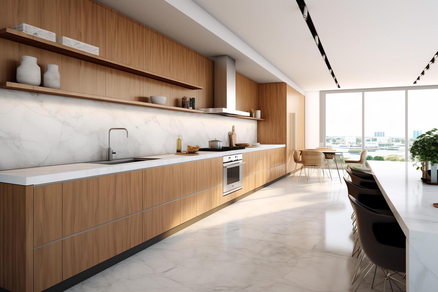 Modern kitchen interior design in apartment or house with furniture. Luxury kitchen home scandinavian concept by photo
