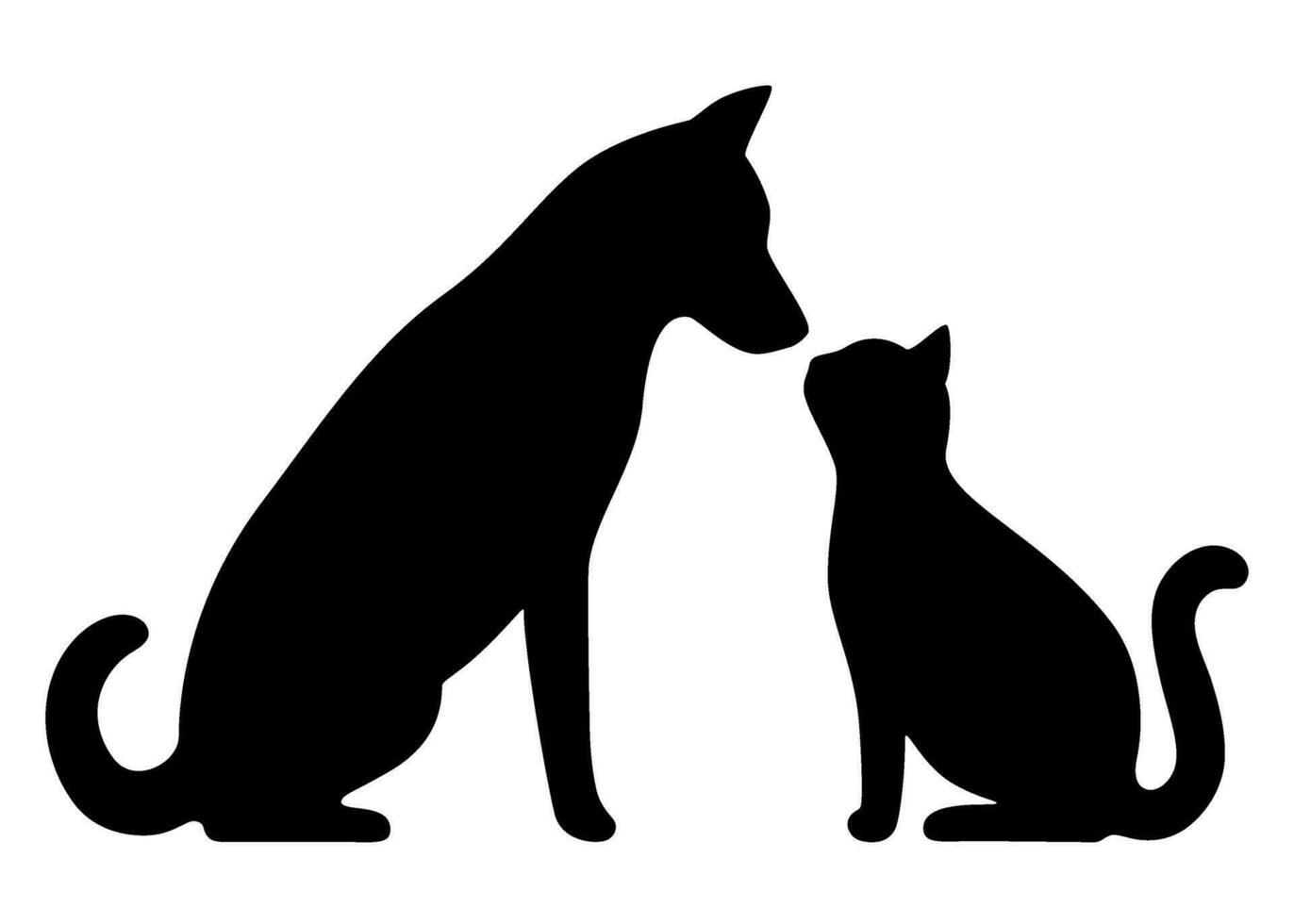 Dog and cat black profile silhouette. Pets sit together, side view isolated on white background. Design for veterinary clinic, shop, animal business. Vector illustration