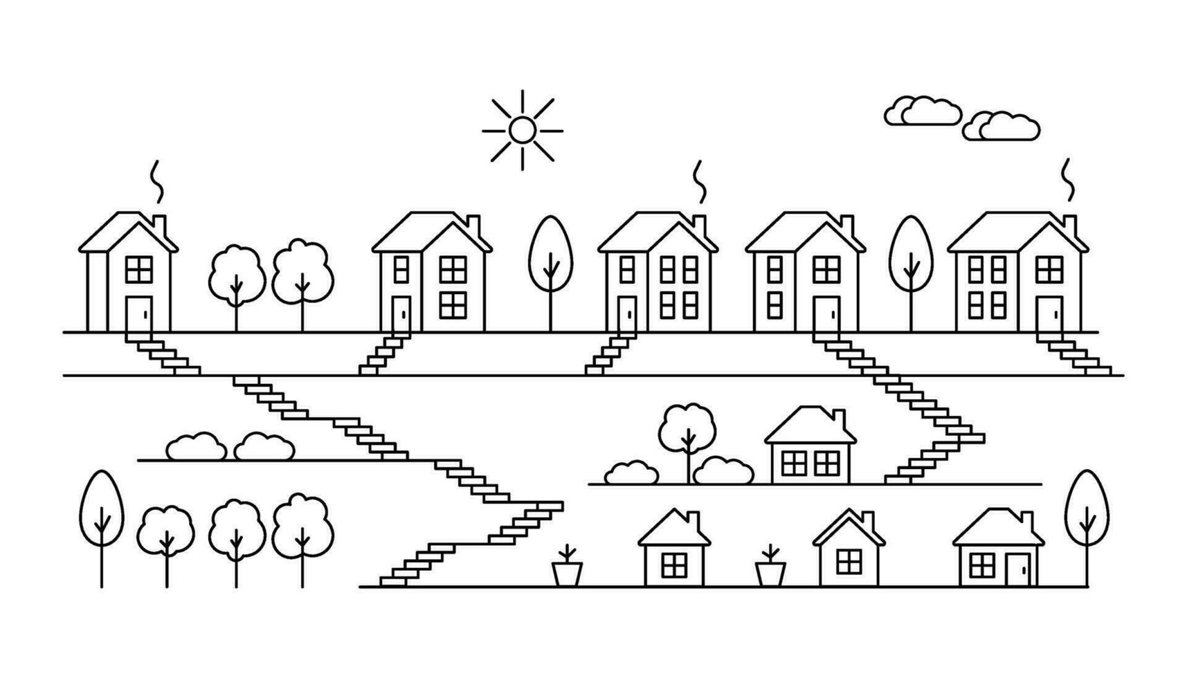 Houses with hill and steps in village, line art. Landscape and residential building. Exterior home in country landscape. Vector outline illustration