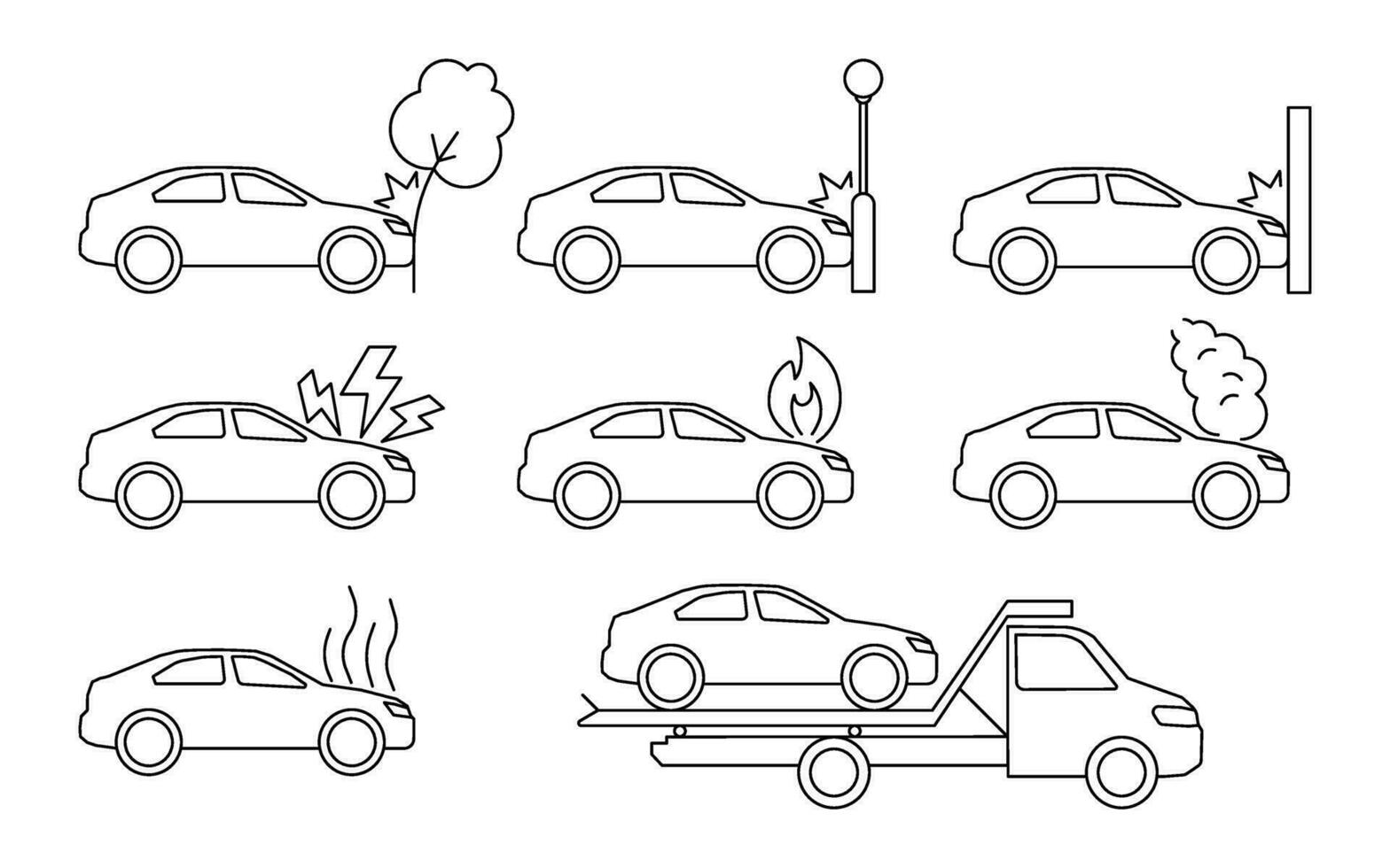 Car crash, accident of transport, line art icon set. Collision with an obstacle tree, lantern, wall. Frontal collision. Broken vehicle, fire, smoke. Tow truck service. Vector outline illustration