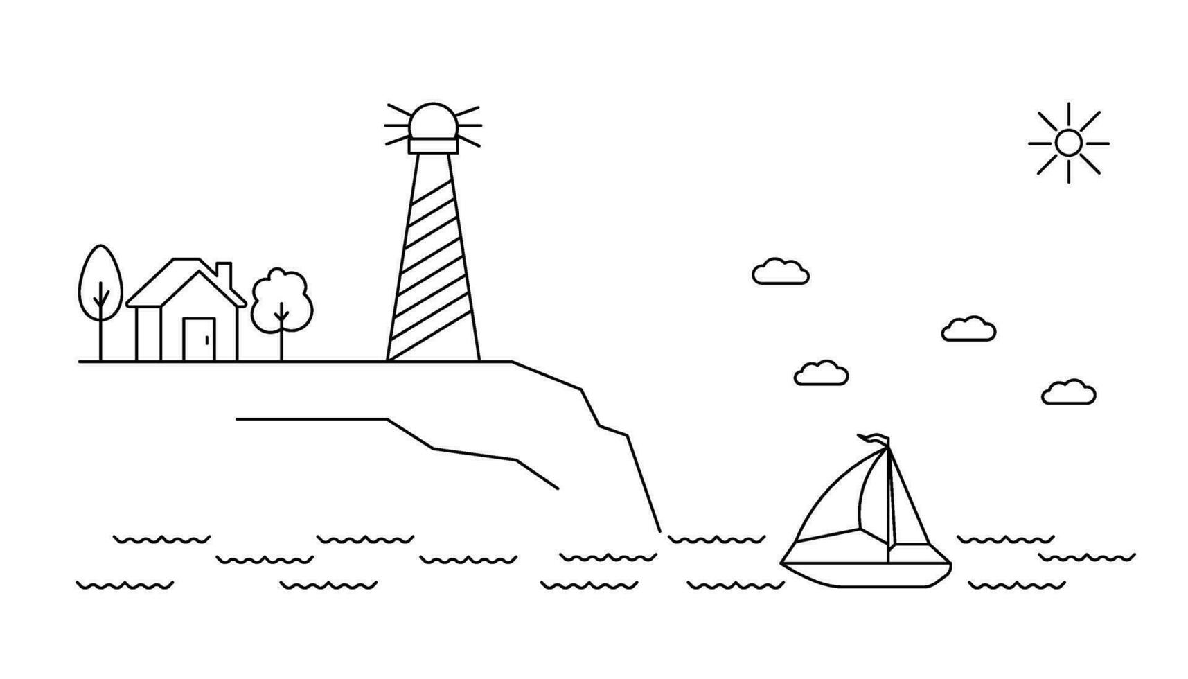 Lighthouse on coast and ship at sea landscape, line art. Landmark for sea travel. Countryside landscape. Vector outline illustration