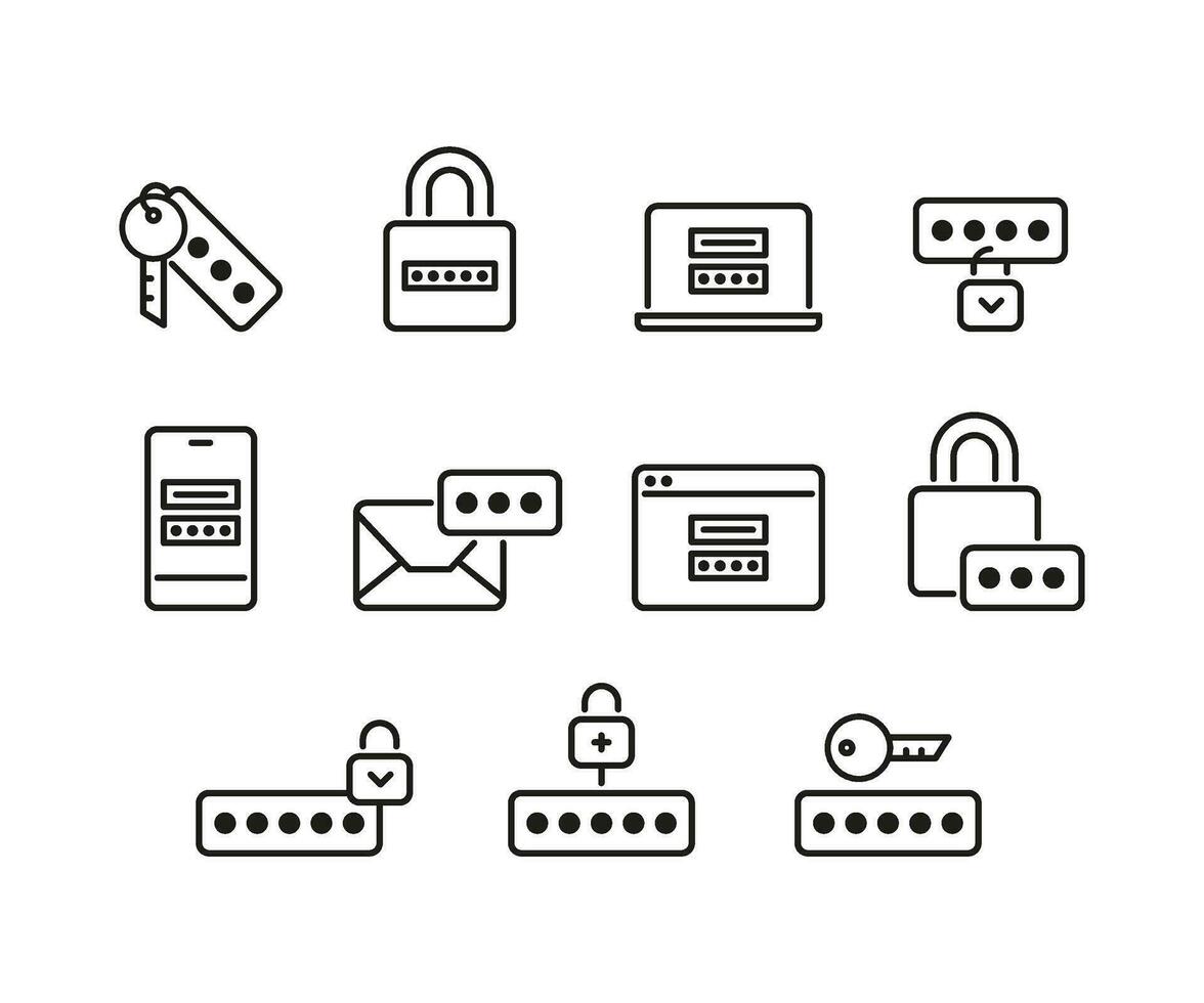 Security password of account with key, lock technology, line icons set. Personal code on lock, smartphone, computer, account on site. Authorization security, secure key. Editable stroke. Vector sign