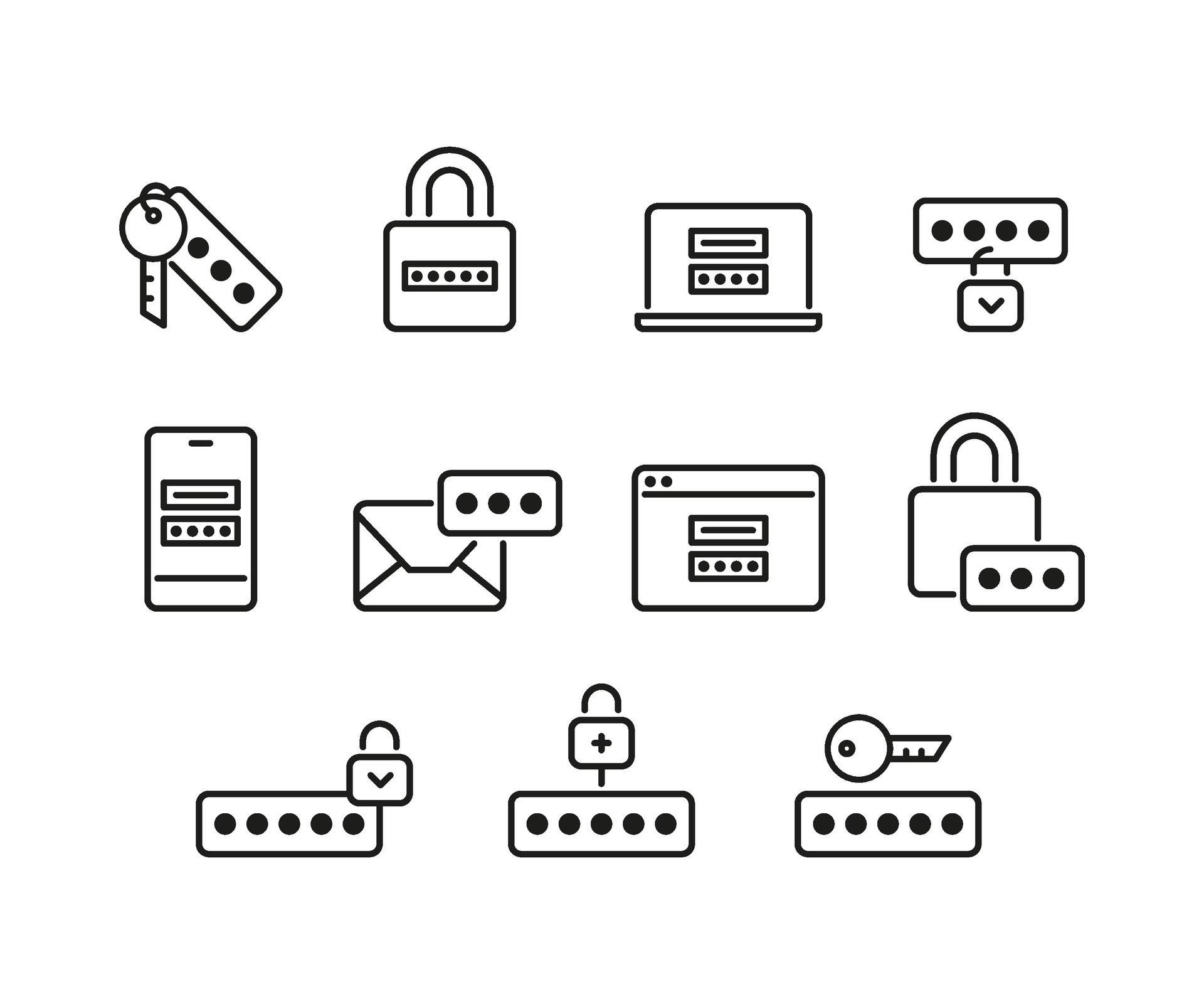 Security password of account with key, lock technology, line icons set