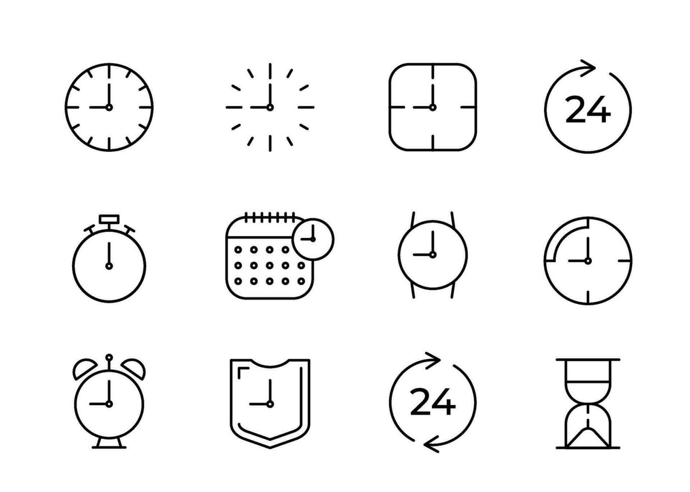 Time in hours, line icons set. Different linear signs of time, clock. Alarm clock, stopwatch, hourglass, data, wristwatch. Vector symbol illustration