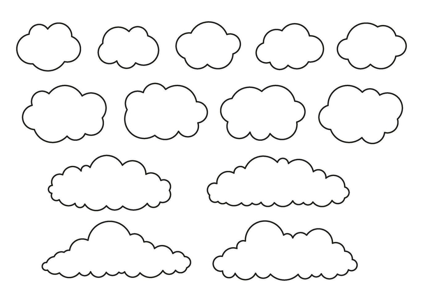 Cloud shape on sky set, weather line icon. Simple flat style of different clouds. Graphic element collection for web and print. Vector outline illustration