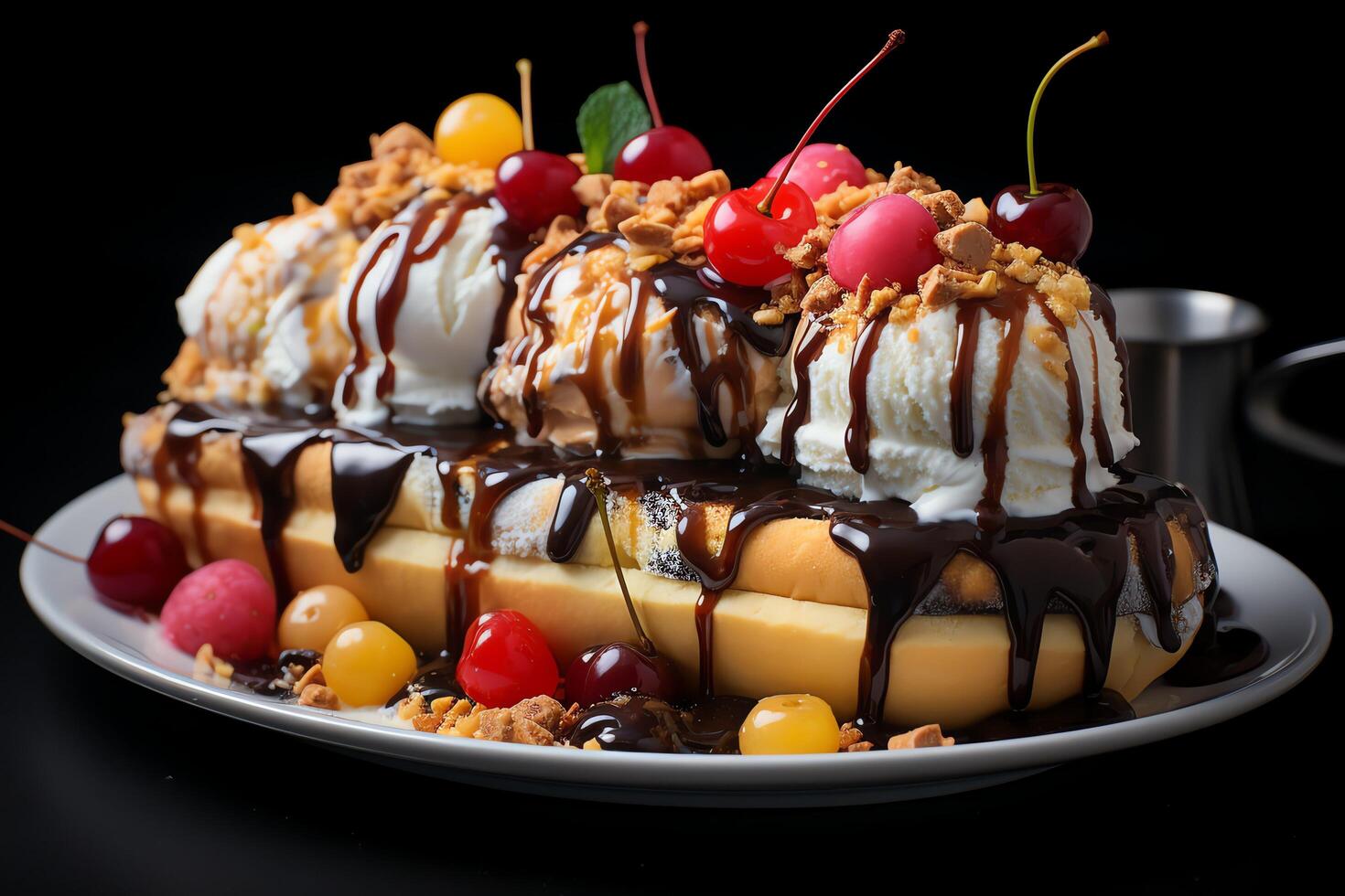 A delicious Banana split ice cream dessert with chocolate syrup. Banana split ice cream dessert by photo