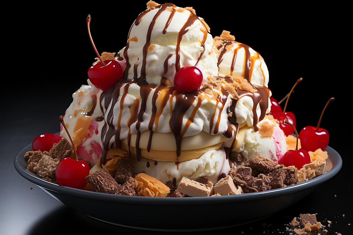 A delicious Banana split ice cream dessert with chocolate syrup. Banana split ice cream dessert by AI Generated photo