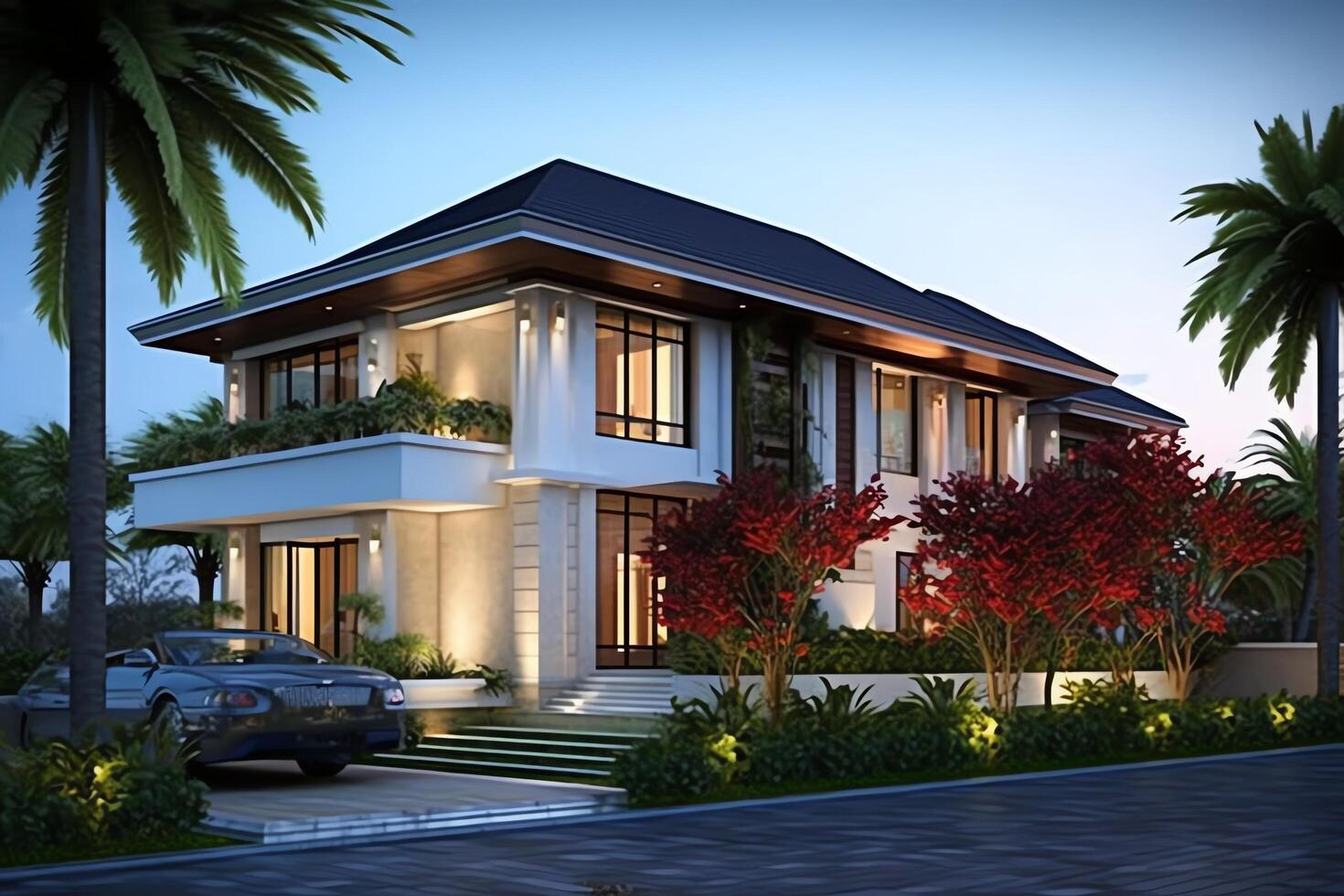 Beautiful modern house exterior with carport. Modern residential district and minimalist building concept by photo