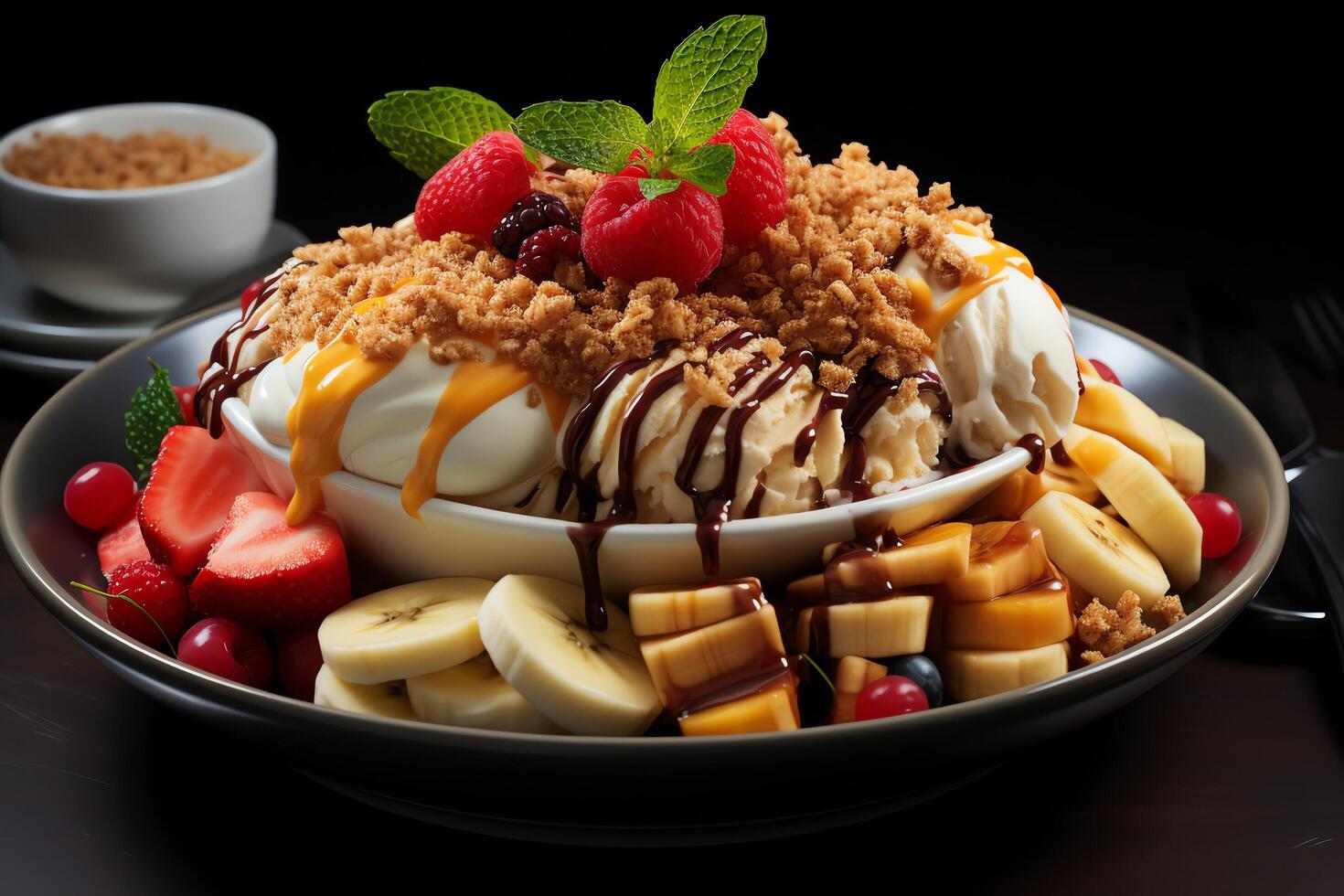 A delicious Banana split ice cream dessert with chocolate syrup. Banana split ice cream dessert by photo