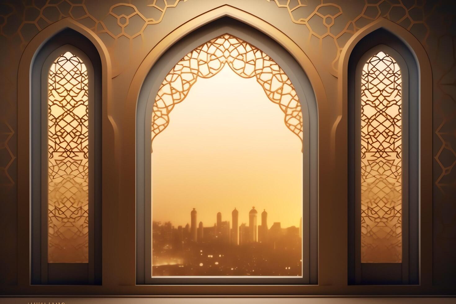 Eid mubarak and ramadan kareem greetings with islamic lantern and mosque. Eid al fitr background. Eid al fitr background of window concept by photo